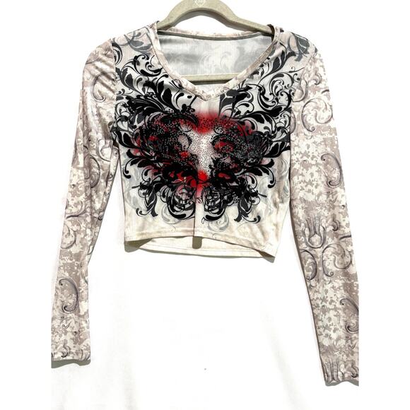 Unbranded Tops - Y2K Cropped Tight Shirt Hardy Heart Biker Rocker sz S floral Grunge Long Sleeve